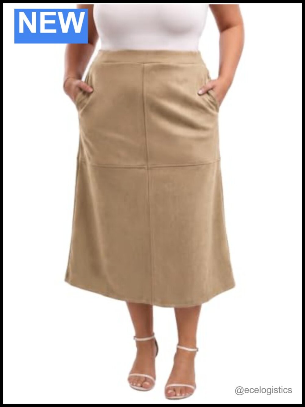 Plus Size Faux Suede A-Line High Waist Midi Skirt with Pockets